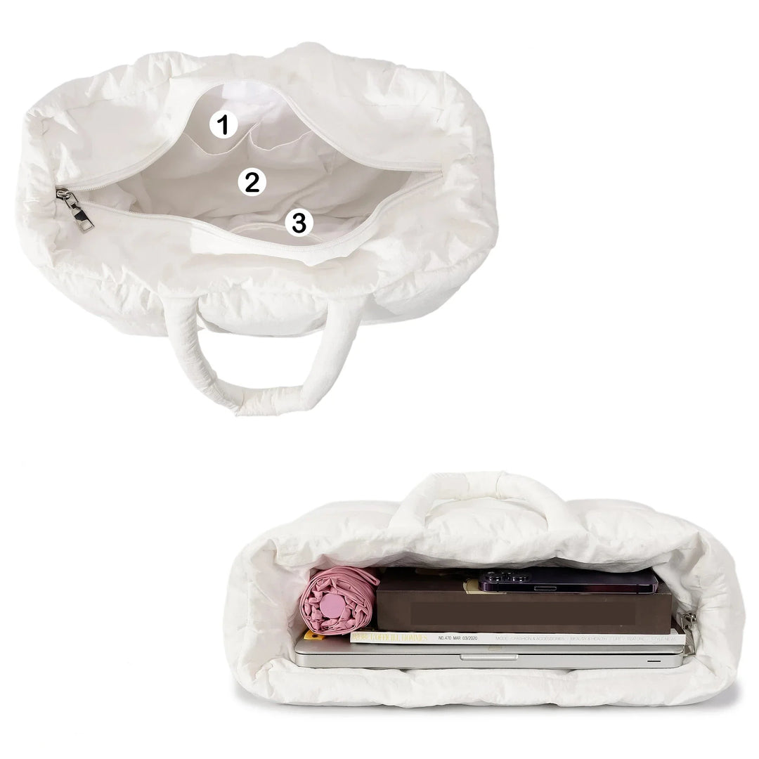 Sac cabas matelassé noir pour femme, grand modèle en nylon, chic et idéal pour le shopping.