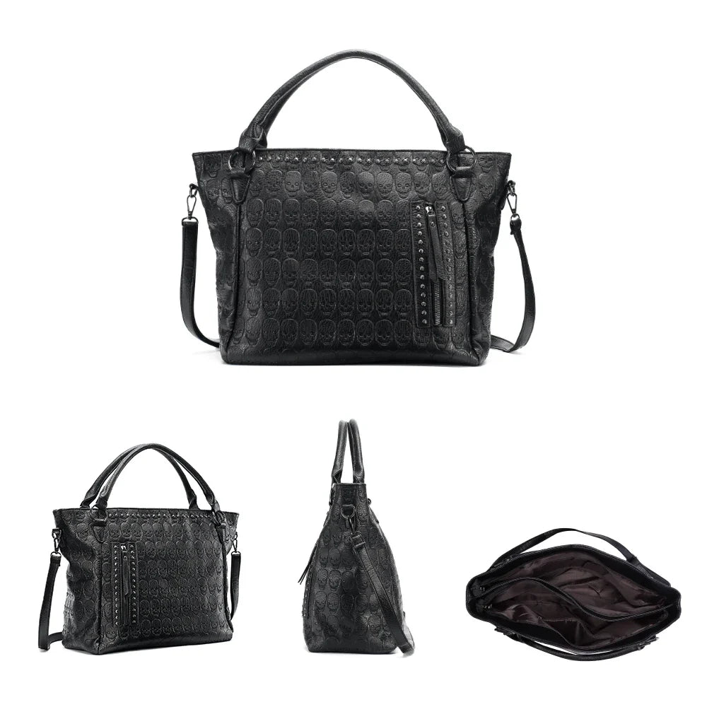 Grand sac cabas noir en cuir PU style biker pour femme. Sac à main et épaule pour lycée, mode ado.