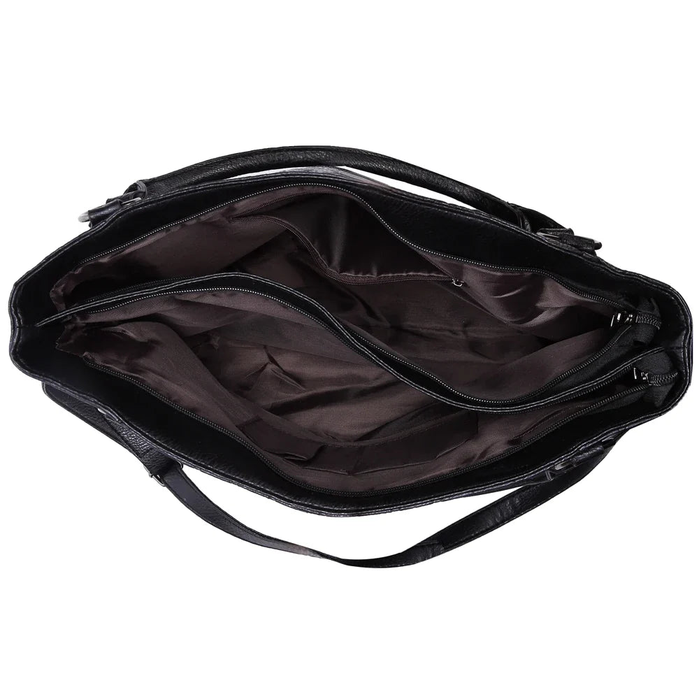 Sac cabas noir en cuir PU pour femme, grand format. Peut être porté à l'épaule ou en bandoulière pour l'école.