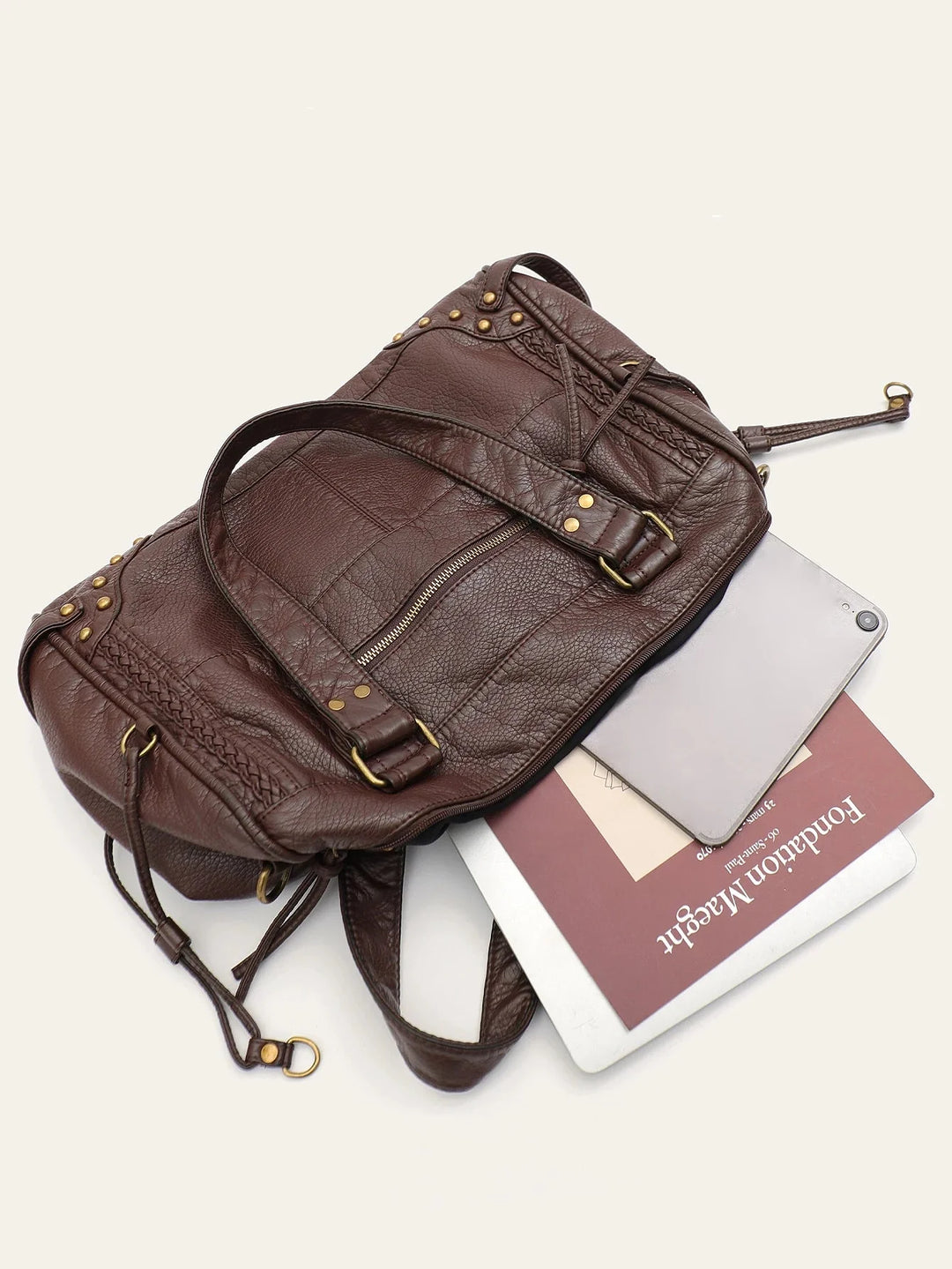 Sac d'épaule femme marron pour ordinateur portable, en cuir synthétique, avec poignées robustes et design structuré