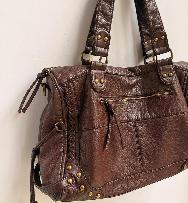Sac de cours femme en cuir synthétique marron, avec fermeture éclair sécurisée et compartiment principal large