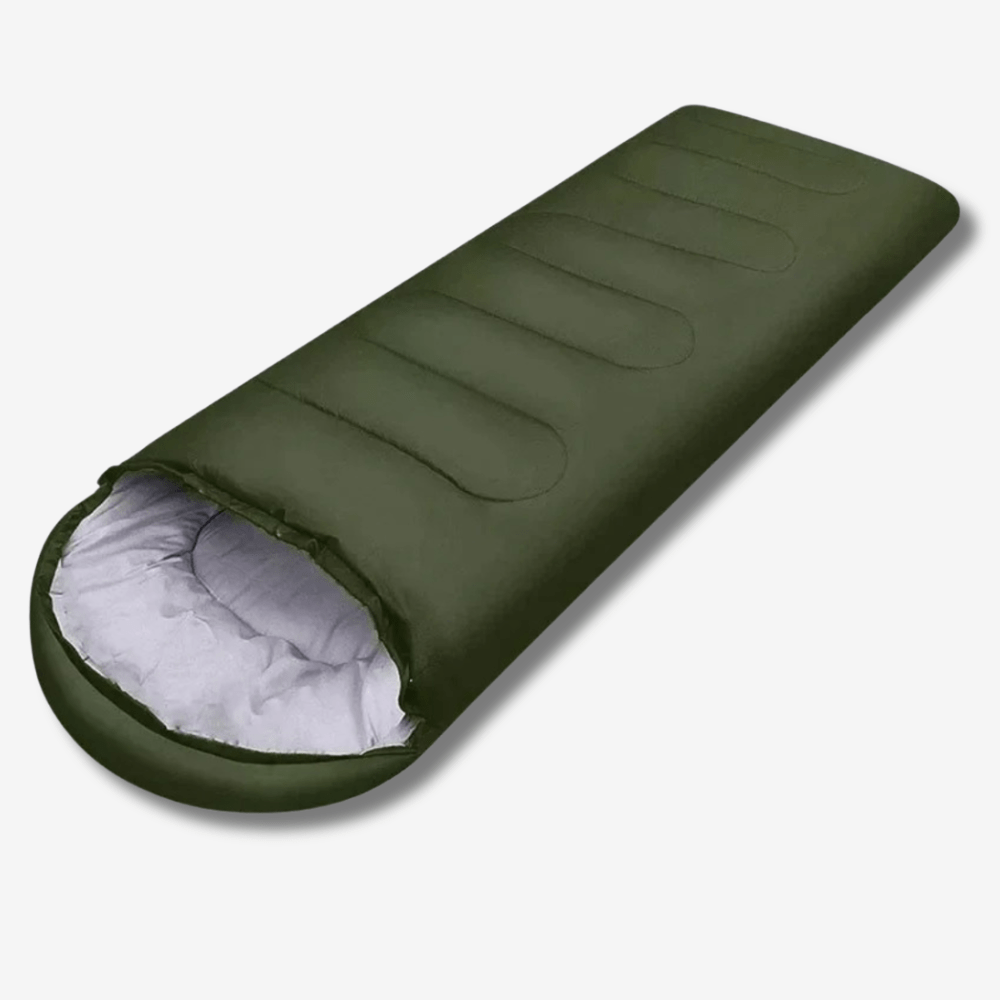 Sac de couchage léger bleu pour camping, en polyester, dimensions 210 x 75 cm, adapté randonnées et plein air.