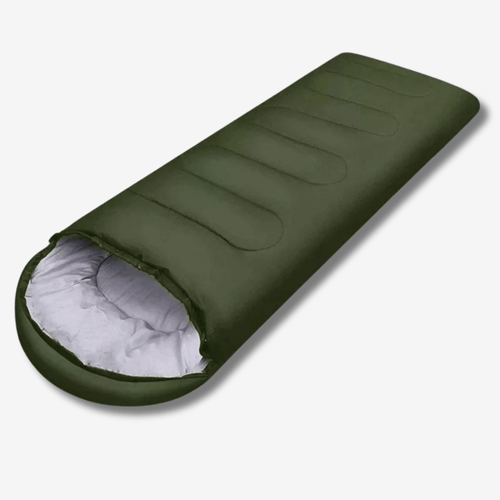 Sac de couchage léger bleu pour camping, en polyester, dimensions 210 x 75 cm, adapté randonnées et plein air.