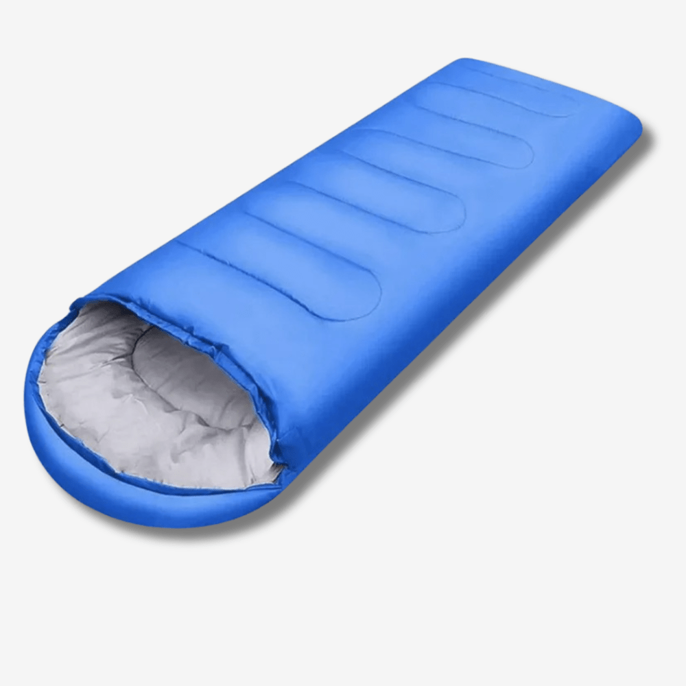 Sac de couchage léger bleu pour camping, en polyester, dimensions 210 x 75 cm, adapté randonnées et plein air.