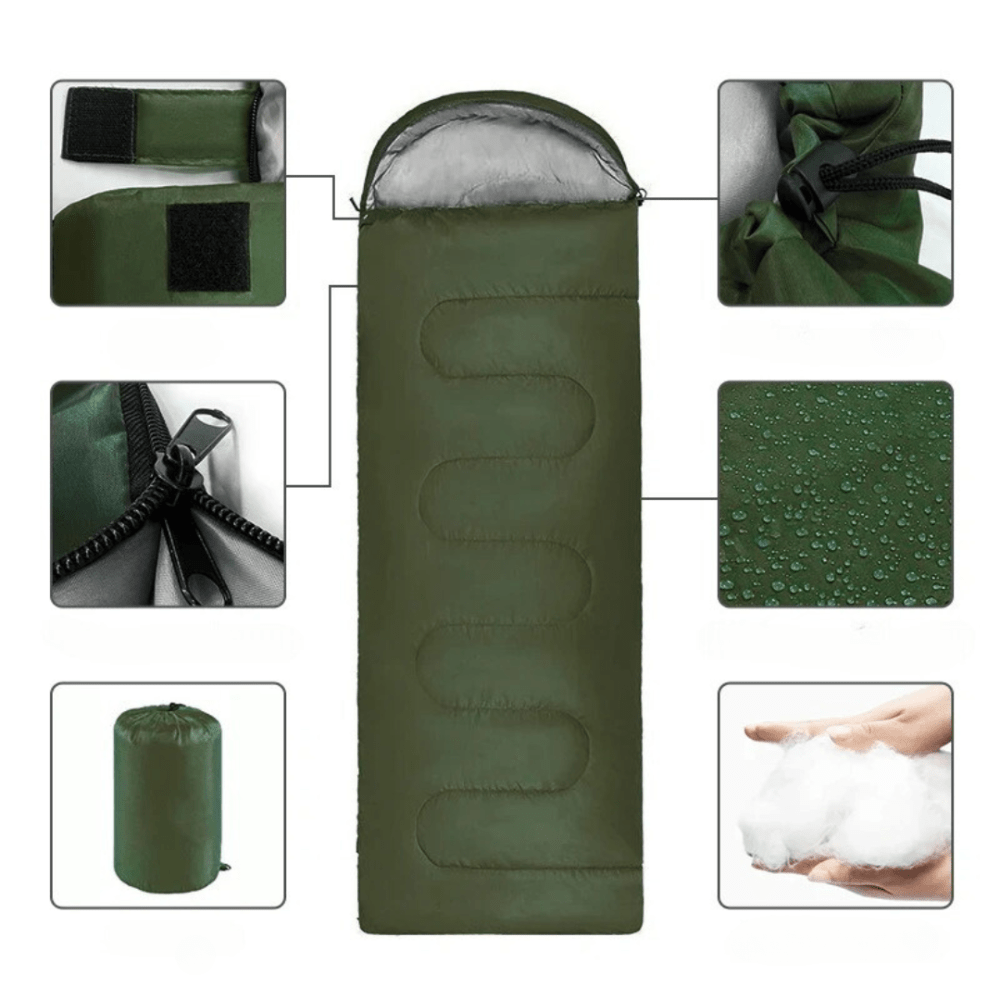 Sac de couchage léger bleu pour camping, en polyester, dimensions 210 x 75 cm, adapté randonnées et plein air.