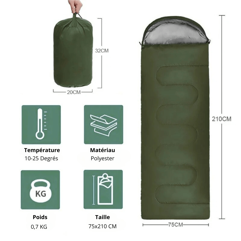 Sac de couchage léger bleu pour camping, en polyester, dimensions 210 x 75 cm, adapté randonnées et plein air.