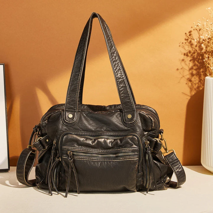 Sac de cours femme noir en cuir synthétique élégant, grande capacité, parfait pour étudier.