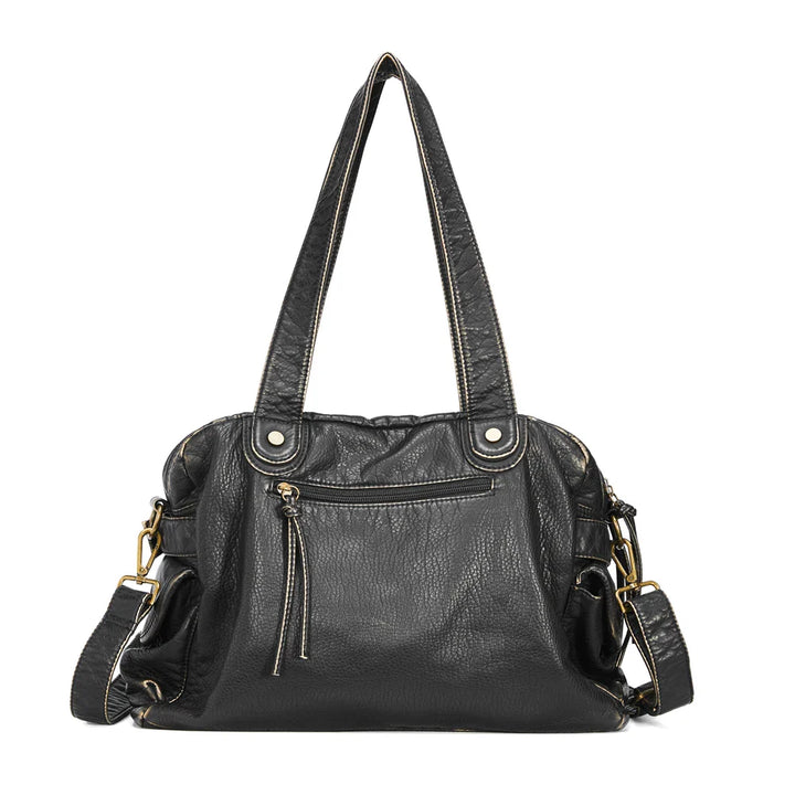 Grand sac noir pour femme en cuir synthétique, idéal comme sac de cours avec espace suffisant.