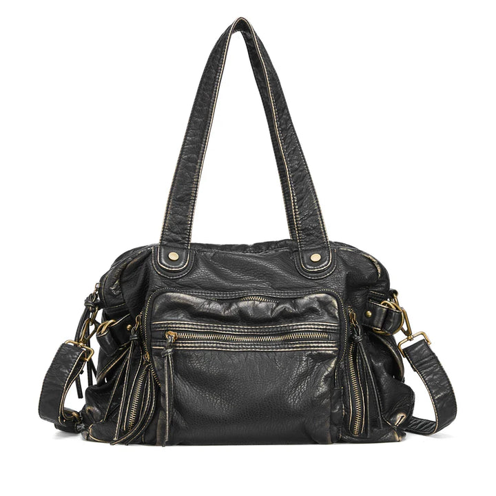 Sac de cours femme élégant, grande capacité, cuir synthétique noir, pour étudiantes modernes.