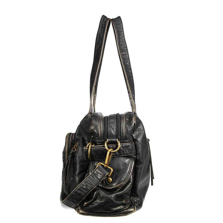 Sac femme noir style rock vintage en cuir synthétique, polyvalent, idéal pour les cours.