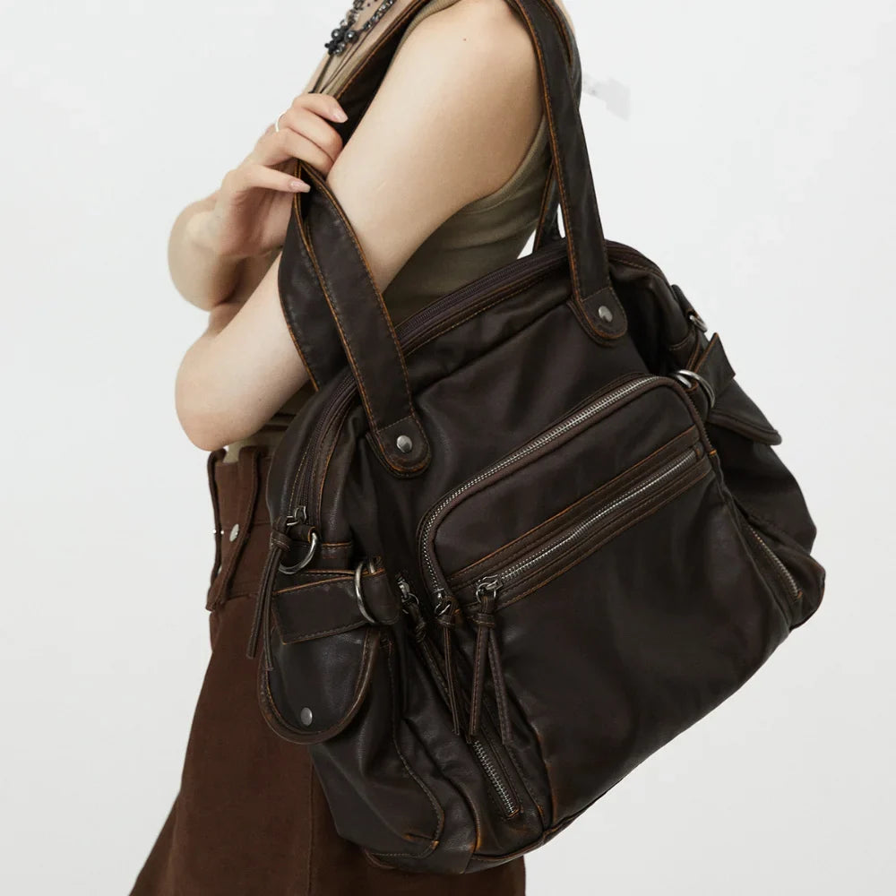 Sac de cours marron pour femme, style cabas élégant et organisé, parfait pour étudiante et lycée.