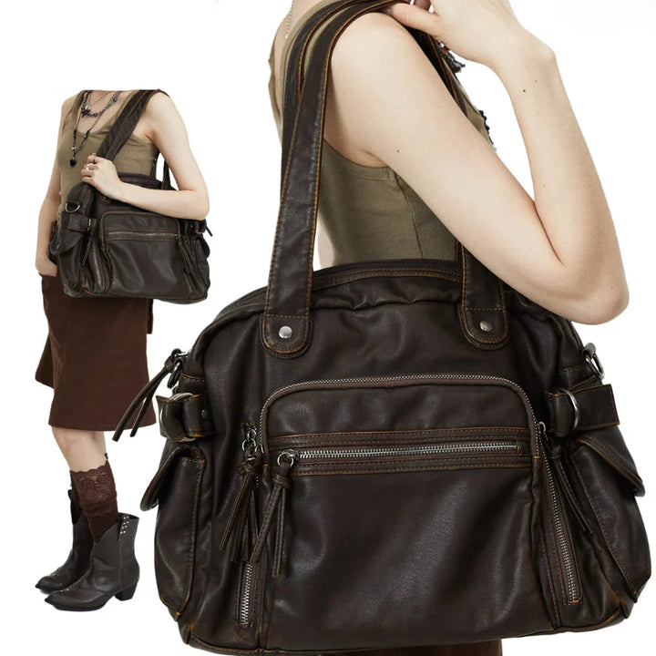 Sac bandoulière marron femme, style vintage, sac d'épaule polyvalent et organisé pour lycéenne.