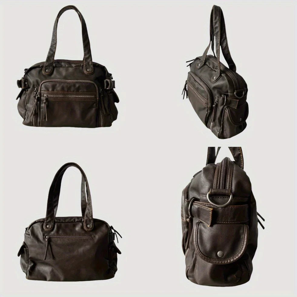 Sac de cours femme marron en synthétique, cabas organisé, accessoire mode pour étudiante élégante.