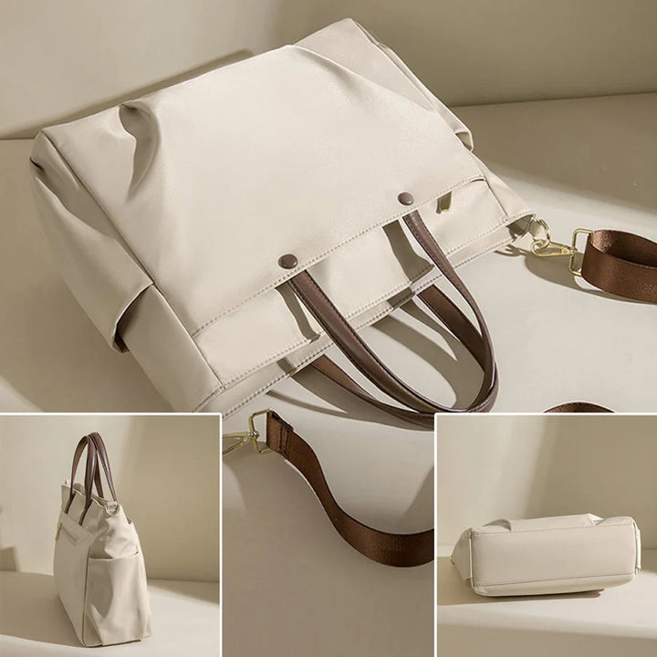 Sac à épaule élégant unisexe en nylon fonctionnel, beige, avec multiples compartiments pour organiser vos affaires.