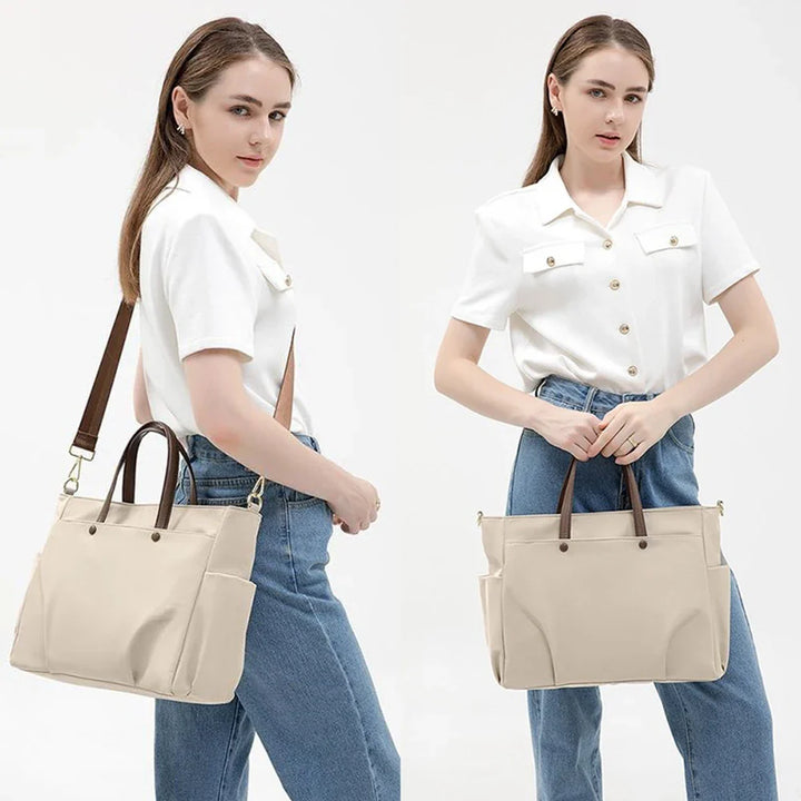 Sac à bandoulière unisexe beige ou noir en nylon, grand et résistant à l'eau, pour cours et ordinateur.