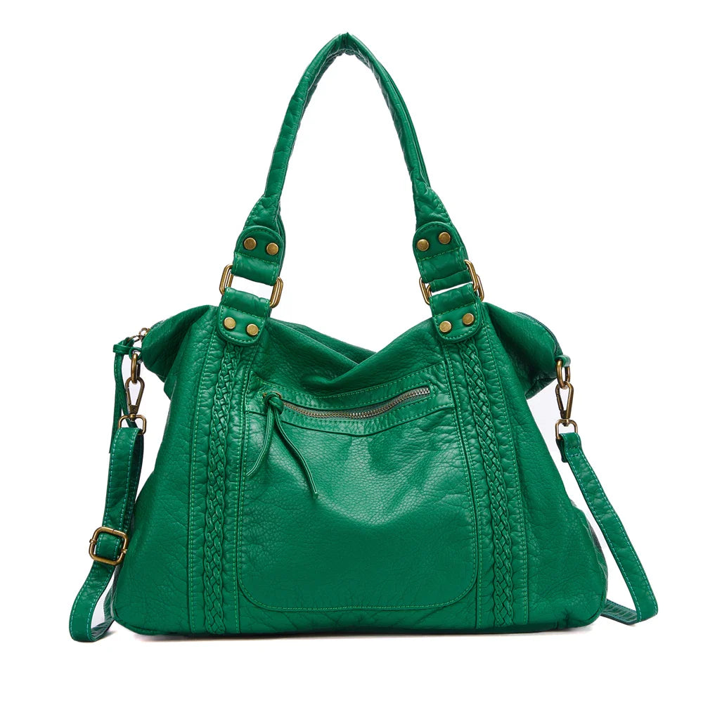 Sac à main vintage grand, idéal pour transporter livres et ordinateur portable.