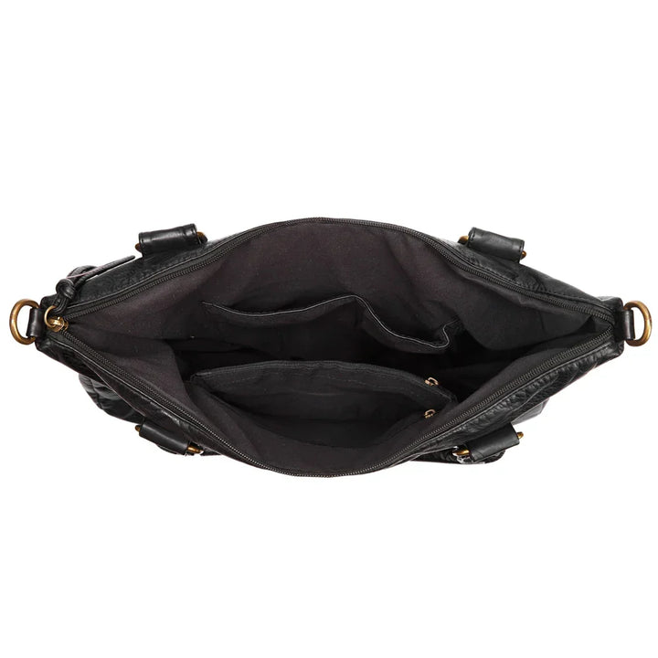Fermoirs et boucles métalliques vieillies du sac de cours vintage pour femme, renforçant le style rétro.