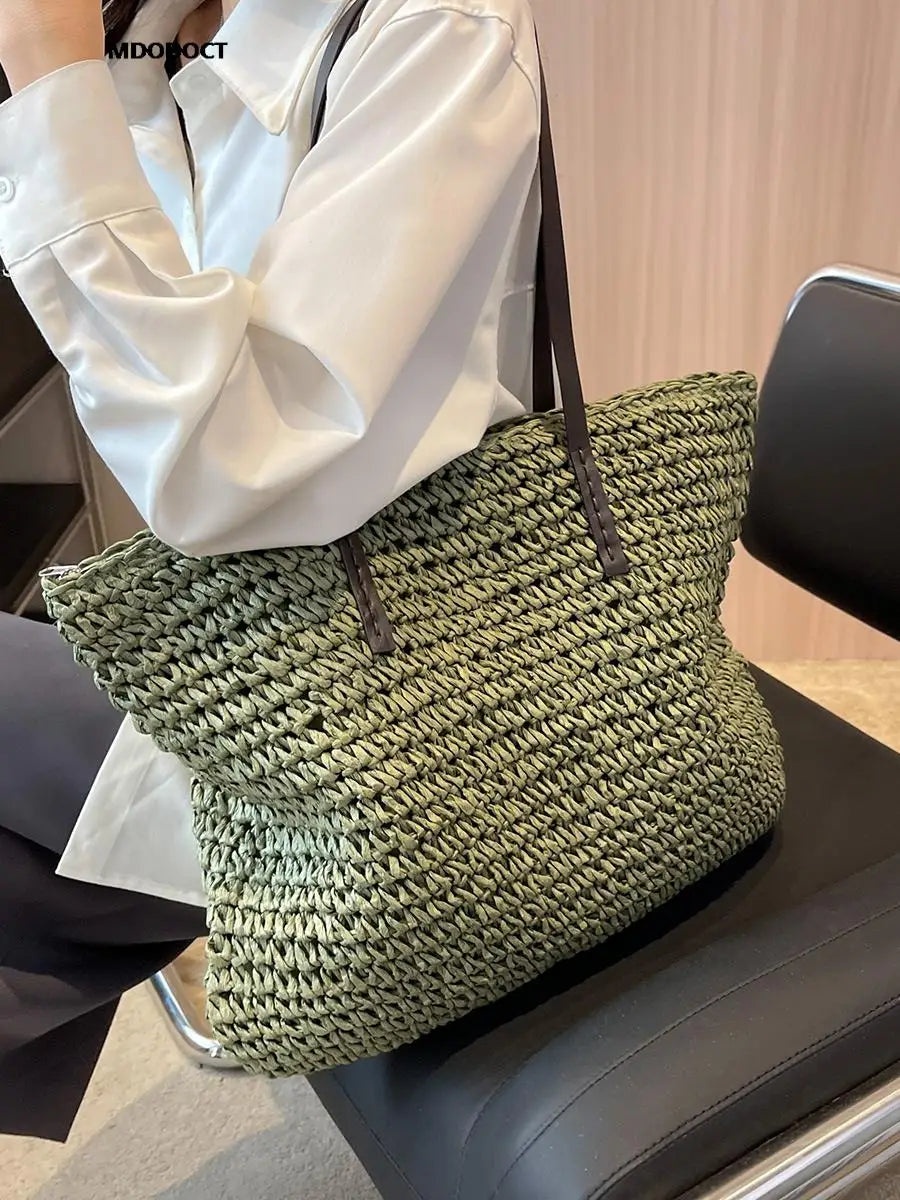 Sac de plage en osier tressé, aspect paille, pour femme, style bohème unique pour l'été.