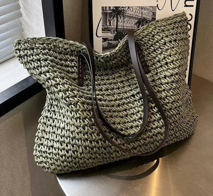 Sac d'épaule bohème en paille tressée, pour femme. Idéal pour la plage, l'été et les vacances.