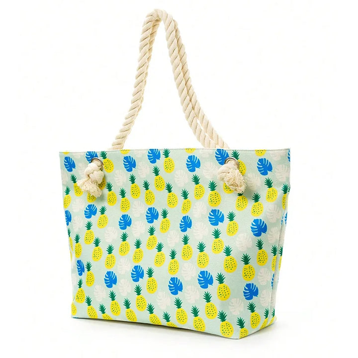 Sac de plage en toile colorée à motifs d'été, spacieux, idéal pour les loisirs, la plage ou le shopping féminin.
