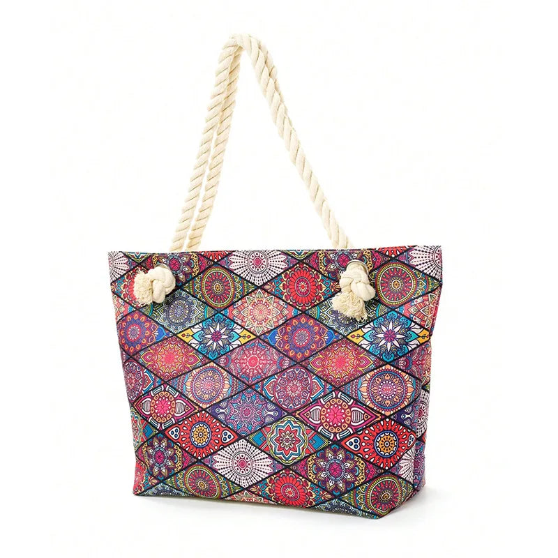 Robuste sac de plage en toile pour femme, motifs joyeux, idéal pour l'été, les vacances et le transport de toutes vos affaires.