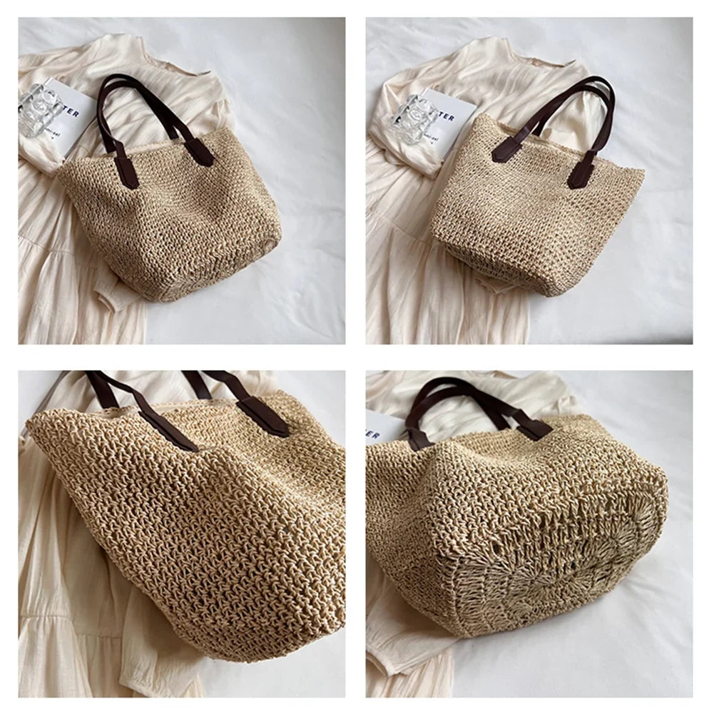 Grand sac de plage en paille pour femme, léger et fonctionnel, idéal pour transporter vos affaires d'été.