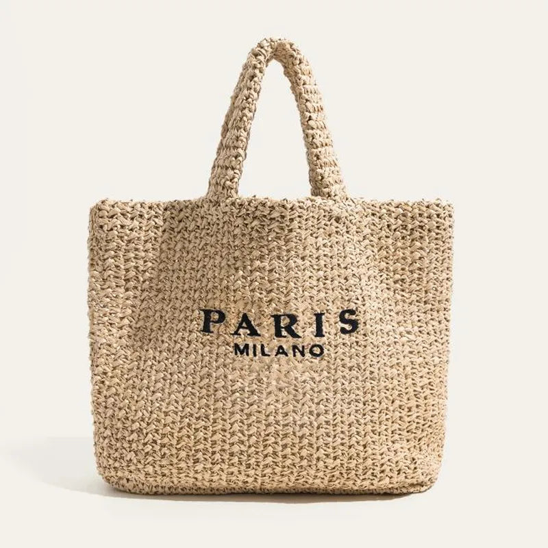 Sac de plage en paille tressée pour femme, grand et élégant, parfait pour l'été et les vacances.