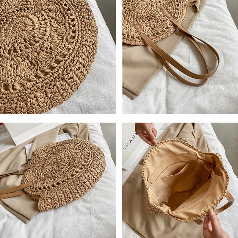 Tendance sac de plage en paille, style bohème décontracté, idéal pour l'été et le soleil.