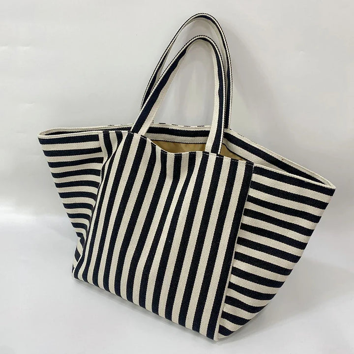 Sac de plage en toile canvas rayée, grand format, pliable et léger, parfait pour l'été.