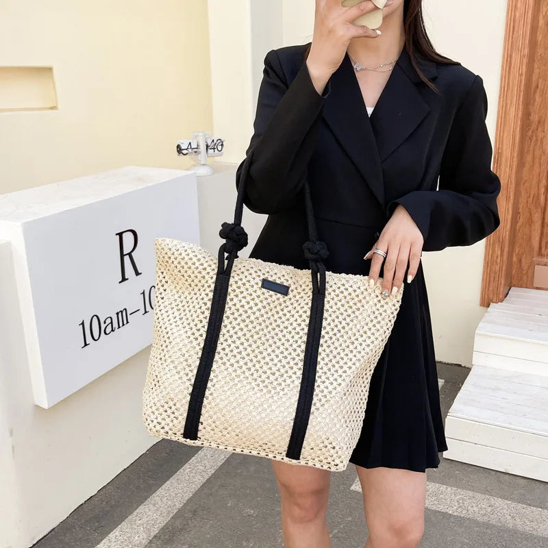 Sac de plage femme en paille tressée, style cabas, avec fermeture éclair, parfait pour l'été et les vacances.