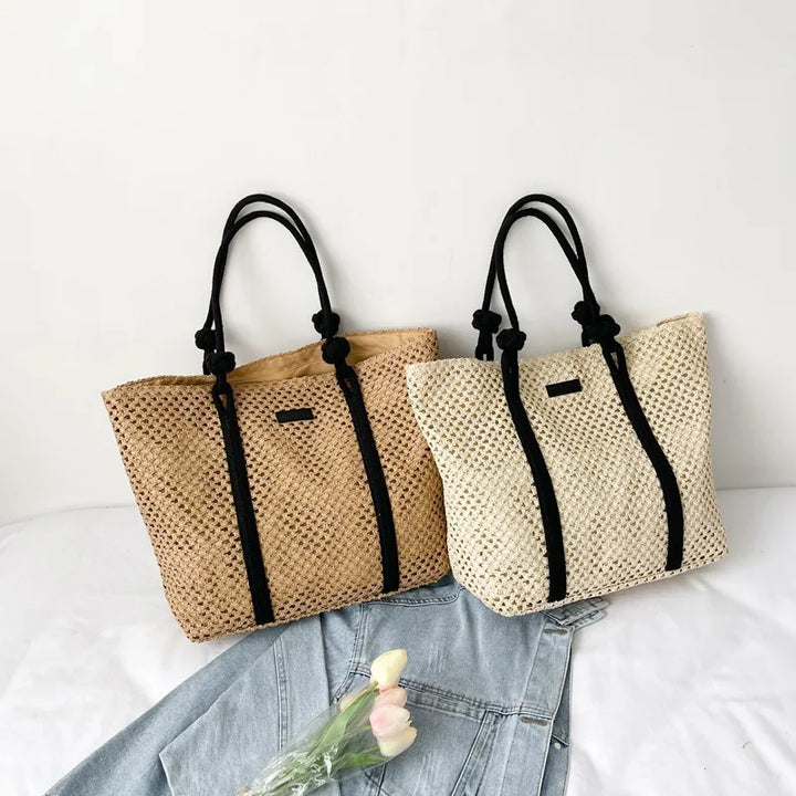 Sac d'été en paille pour femme, grand format, parfait pour la plage, sécurisé par une fermeture éclair.