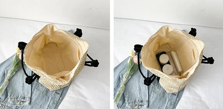 Sac cabas d'été en paille, polyvalent pour la plage ou la ville, avec fermeture éclair sécurisant vos biens.