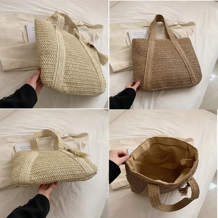Grand sac de plage en paille naturelle et coton, idéal pour transporter vos essentiels d'été.