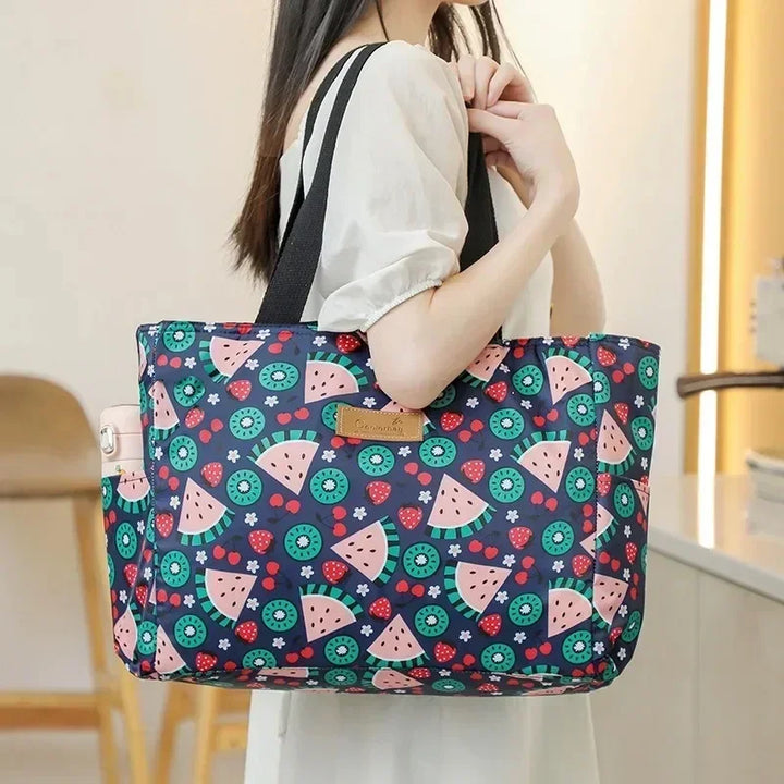 Sac de plage isotherme grand motif été femme, capacité XXL, idéal pour pique-nique et vacances.