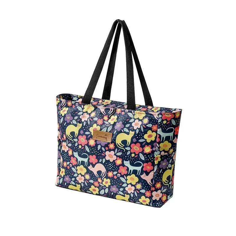 Sac de plage isotherme motif estival, grand volume pour femme, parfait pour transporter pique-nique et affaires d'été.