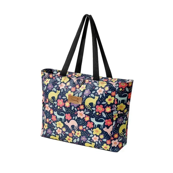 Sac de plage isotherme motif estival, grand volume pour femme, parfait pour transporter pique-nique et affaires d'été.
