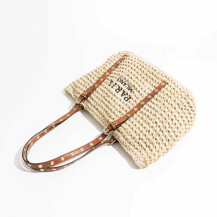 Grand sac cabas de plage en raphia tressé avec poignées similicuir, doublure et fermeture éclair, idéal pour femme.
