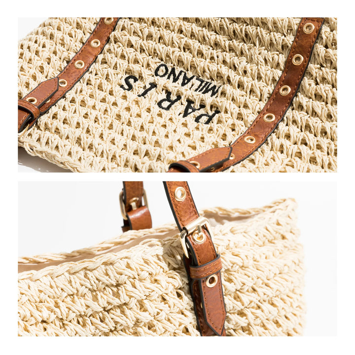 Cabas de plage grand format en raphia élégant pour femme. Doté d'une fermeture éclair, pratique pour toutes les vacances.