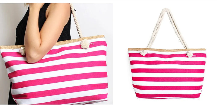 Sac de plage femme en toile canvas, style marin pour l'été, accessoire chic avec fermeture éclair.