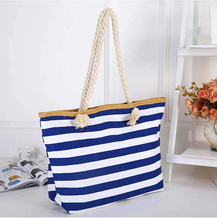 Sac de plage élégant en toile canvas, grand format, pour femme, avec fermeture éclair, idéal pour les vacances d'été.