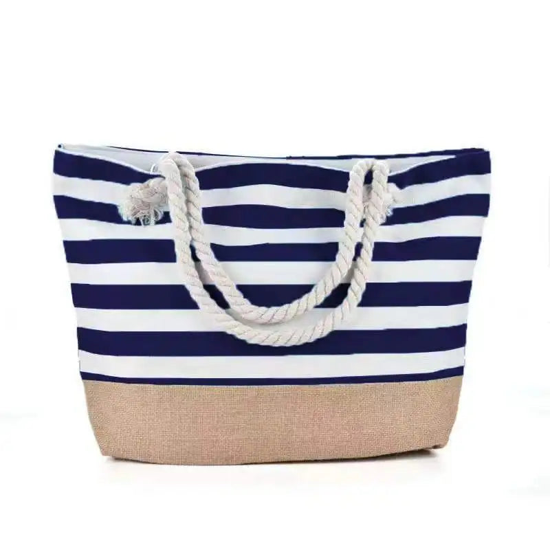 Sac de plage tendance rayé bleu et blanc pour femme, idéal vacances et été