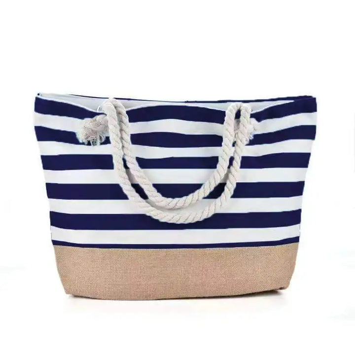 Sac de plage tendance rayé bleu et blanc pour femme, idéal vacances et été