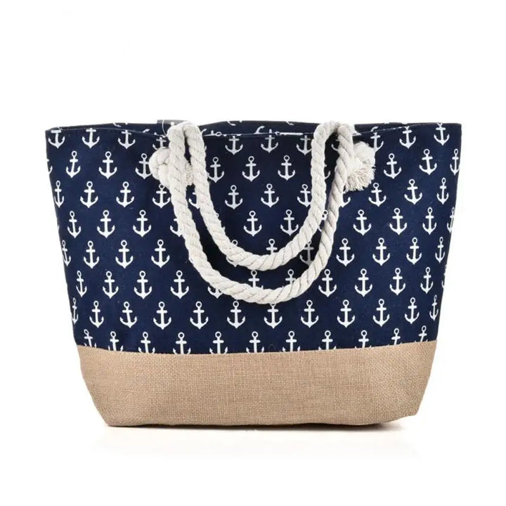 Sac de plage grand format avec zip, motif marin ancre et cordage, accessoire mode