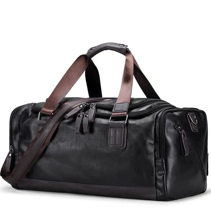 Sac de sport homme en cuir vegan noir polyvalent pour la gym ou les voyages courts.