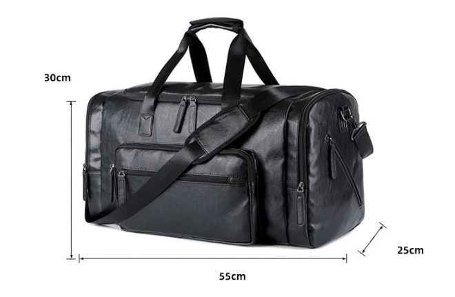 Sac weekend en polyester noir et cuir vegan, robuste et pratique pour les déplacements.