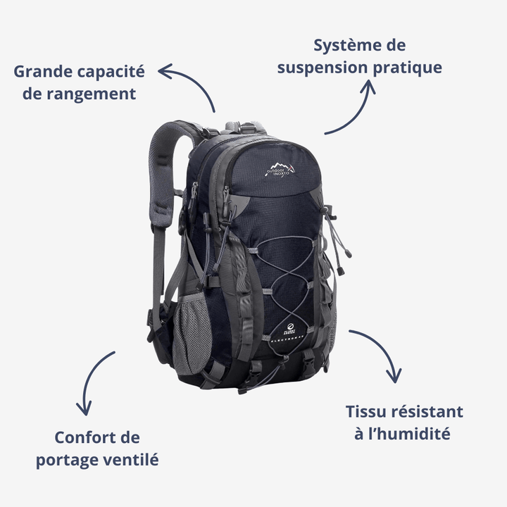 Sac de trekking 40L bleu, dos ventilé, bretelles ajustables, idéal randonnée, capacité généreuse, design ergonomique.