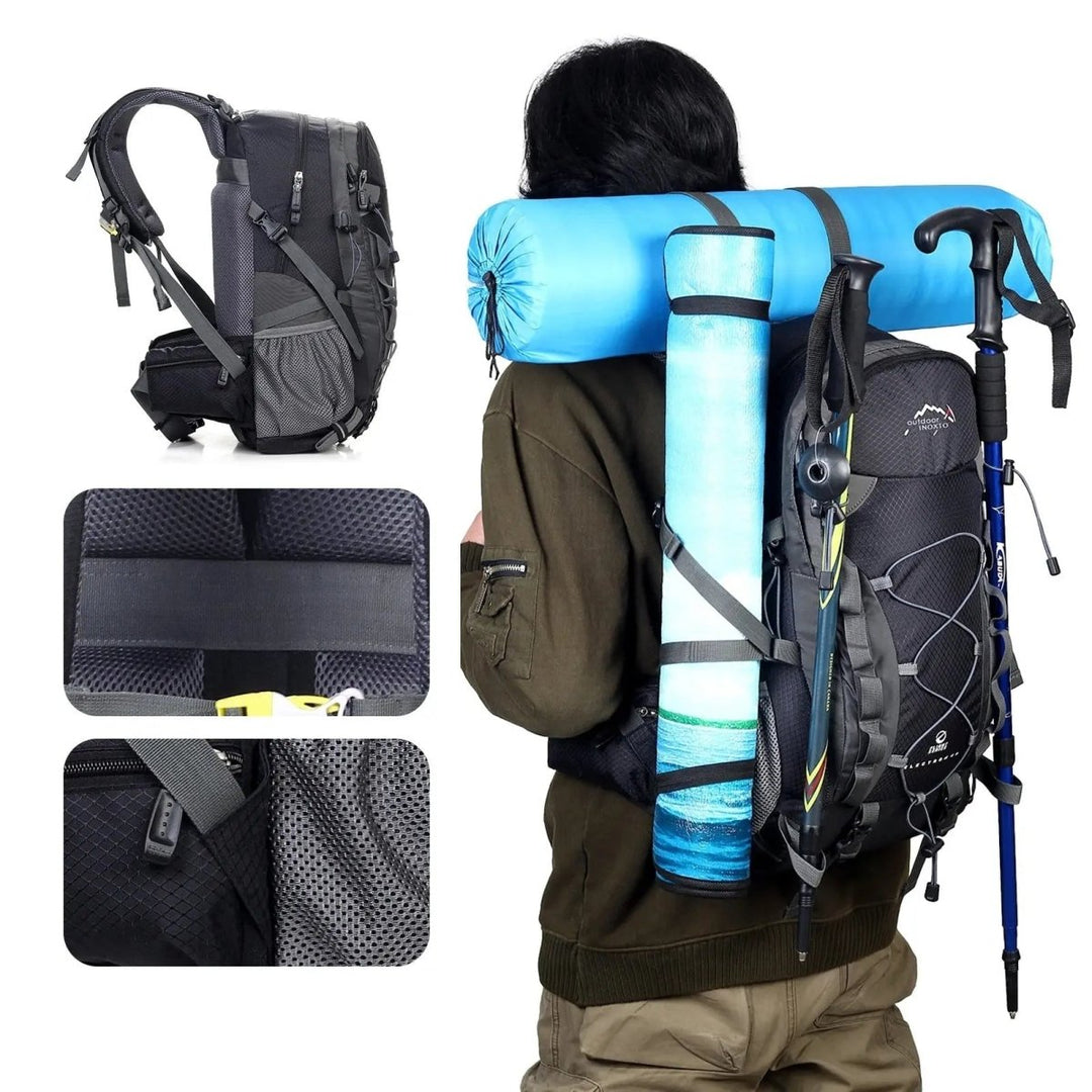 Sac de trekking 40L bleu, dos ventilé, bretelles ajustables, idéal randonnée, capacité généreuse, design ergonomique.