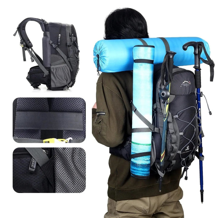 Sac de trekking 40L bleu, dos ventilé, bretelles ajustables, idéal randonnée, capacité généreuse, design ergonomique.