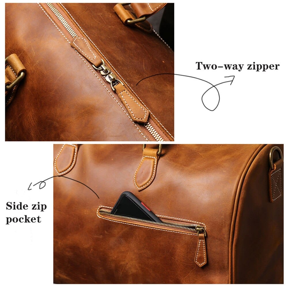 Sac de voyage cuir pour homme, marron foncé, sur un fond neutre pour bien le voir