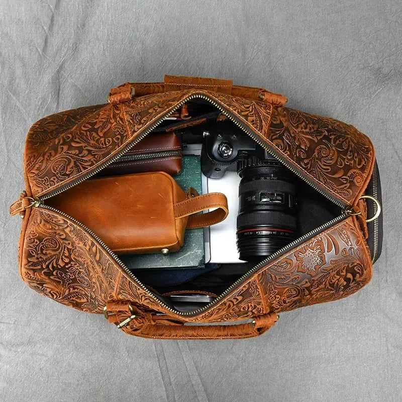 Sac de voyage en cuir véritable Indila, couleur cognac, avec bandoulière ajustable pour femme.